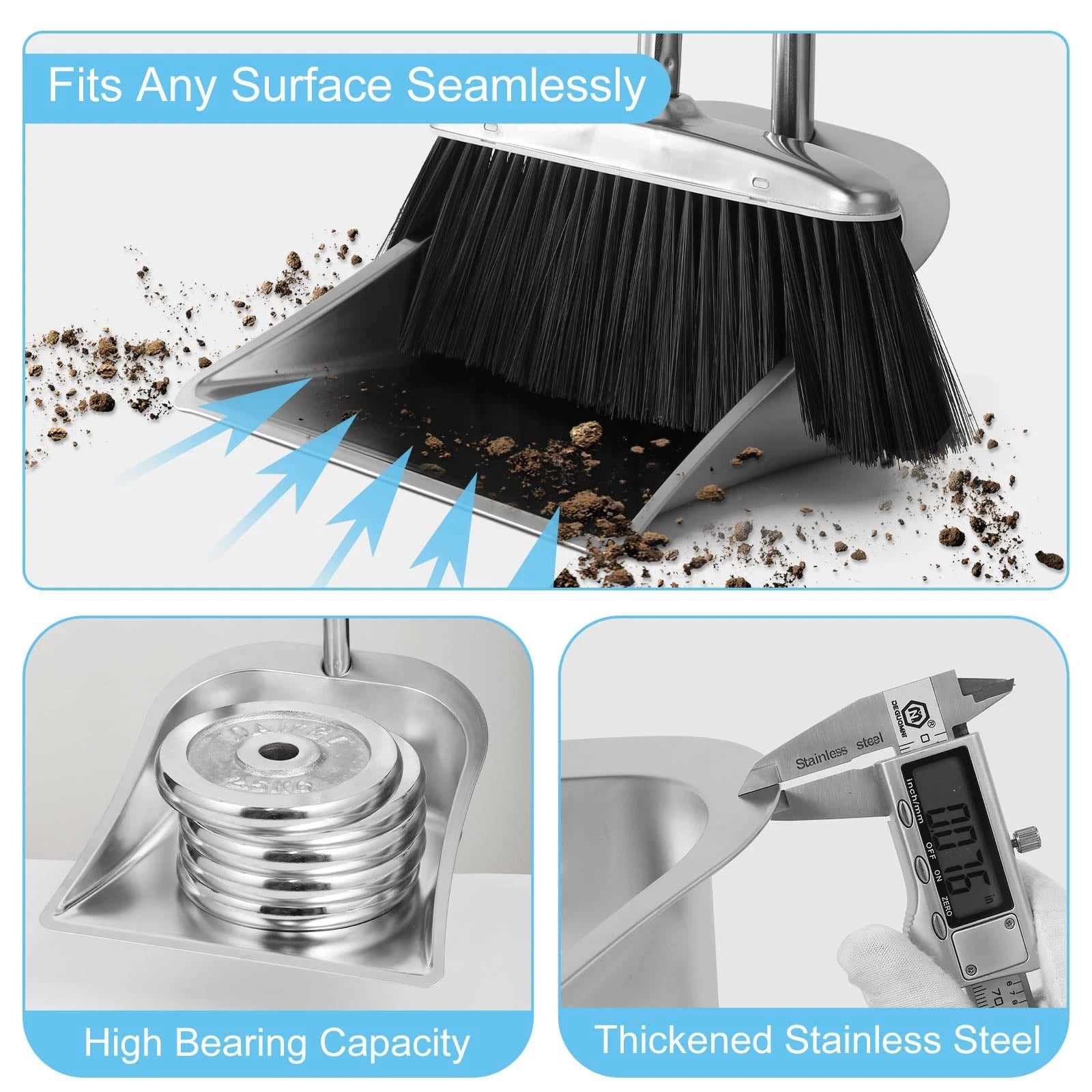 Heavy Duty Stainless Steel Broom and Dustpan Set with Long Handle