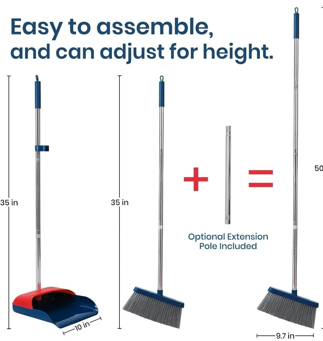 Stand Up Dustpan and Broom Set 50” Long Handle Broom with Dust Pan, 20°...