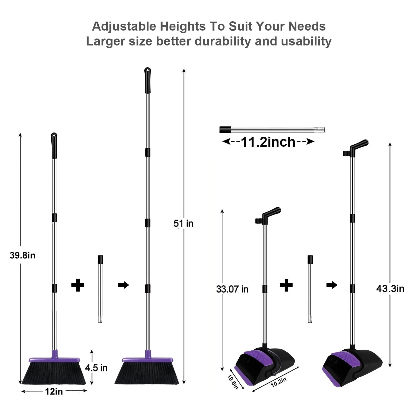 Broom and Dustpan Set, Upright Purple Broom with Dustpan Combo Set 51" Long H...