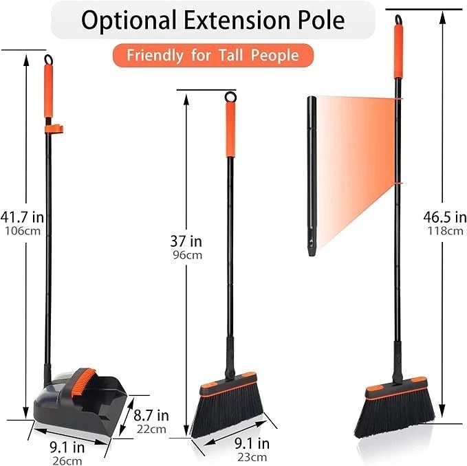 Broom and Dustpan Set for Home, Long Handle Lightweight 180 Degree Rotating Broo