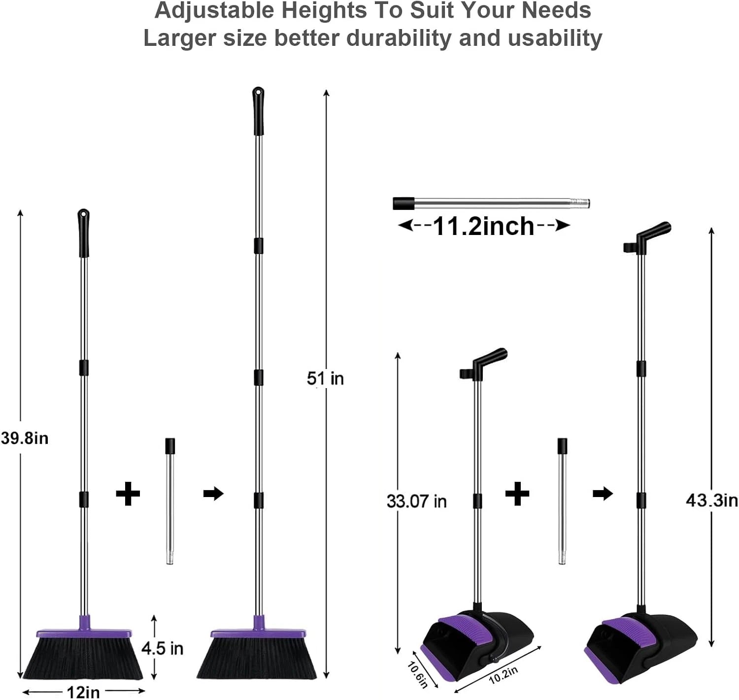 Broom and Dustpan Set, Upright Purple Broom with Dustpan Combo Set 51" Long Hand