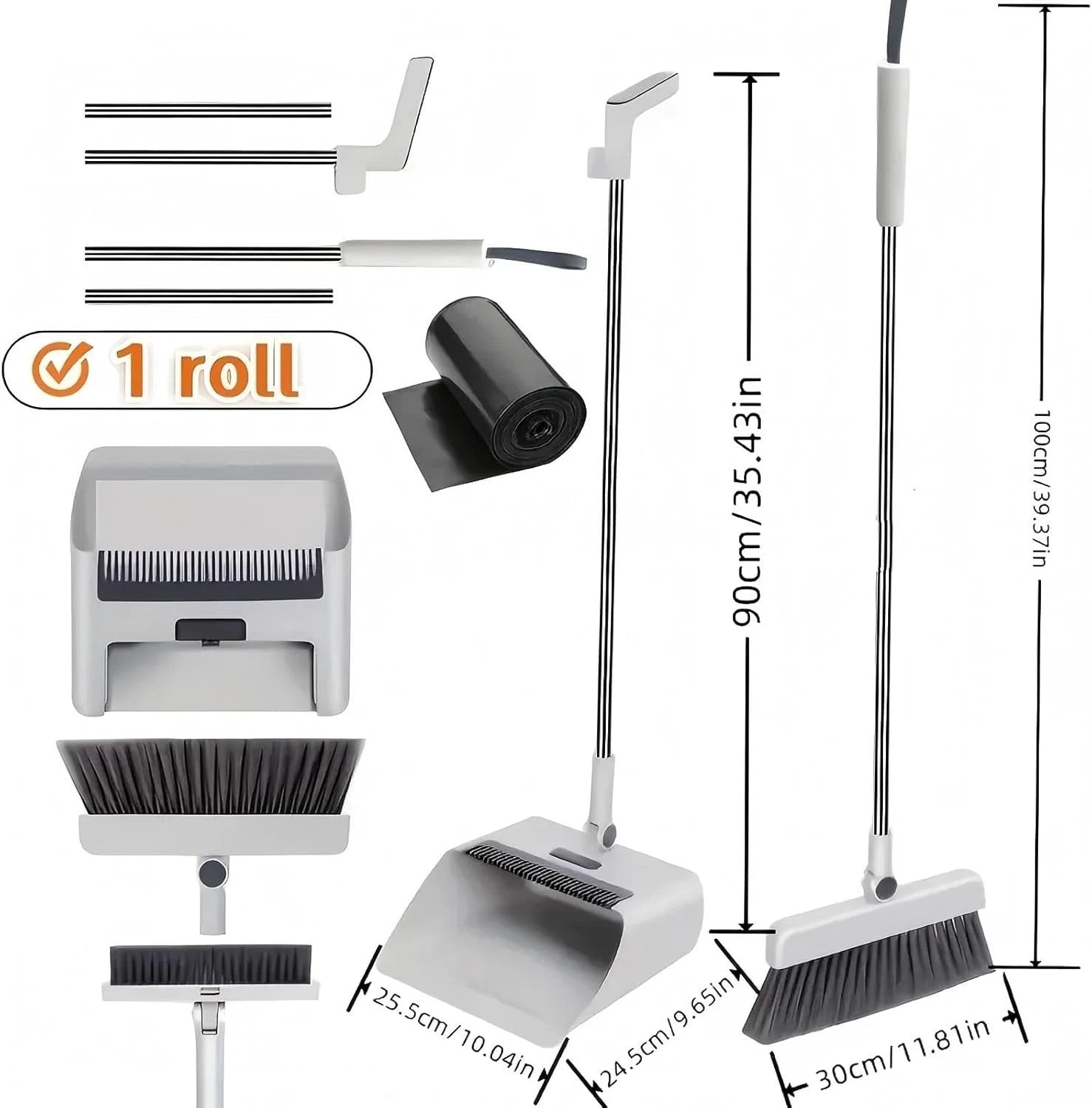 3 in 1Broom and Dustpan Set with Garbage Bags, Broom Dust pan with Long Handle,