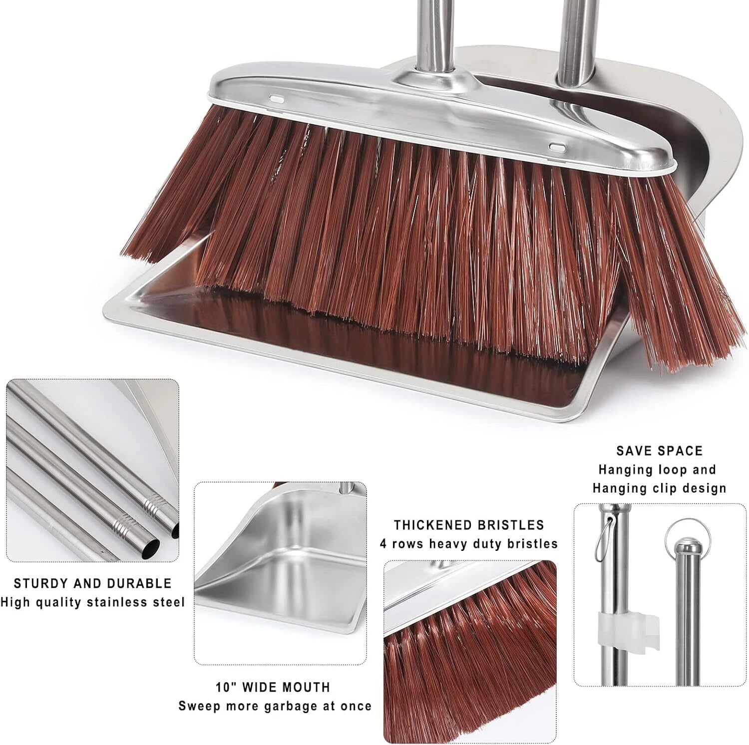 Broom and Dustpan Set for Home, 56" Upright Long Handle Broom and Dustpan Set