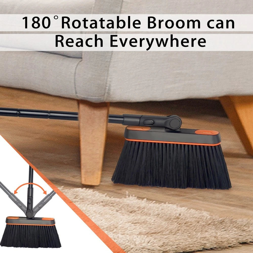 54 Inches Long Handle Broom and Dustpan Set for Home (Black Orange)