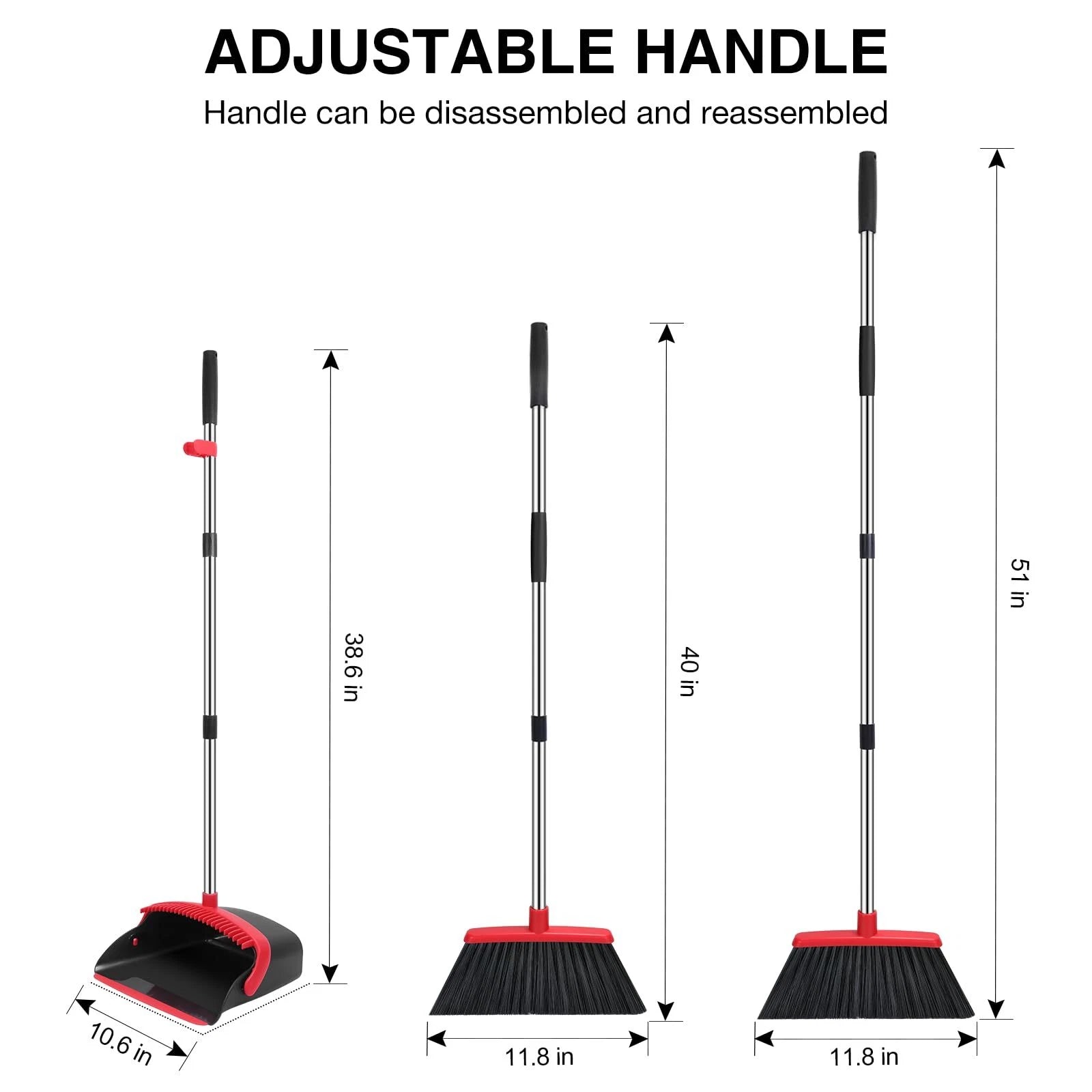 Broom and Dustpan Set, 52-in Long Adjustable Handle Broom Dustpan Combo with ...