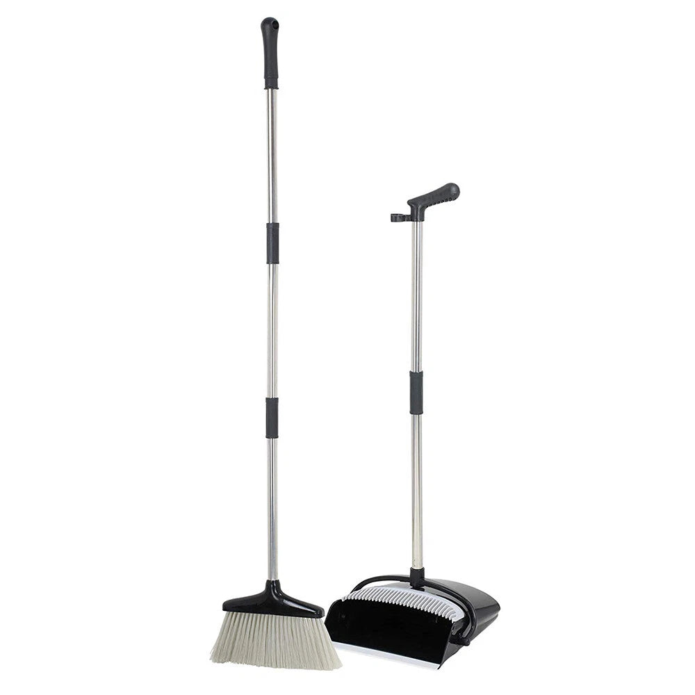 Rotatable Broom and Dust Pan Cleaning Set Dustpan Combo Upright Stand Up Black