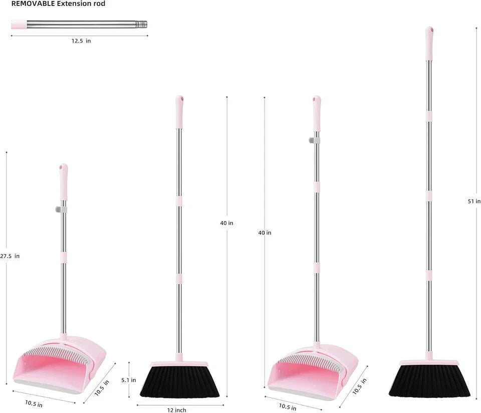 Broom and Dustpan Set, 52” Long Adjustable Handle Broom with Dustpan Combo Set w