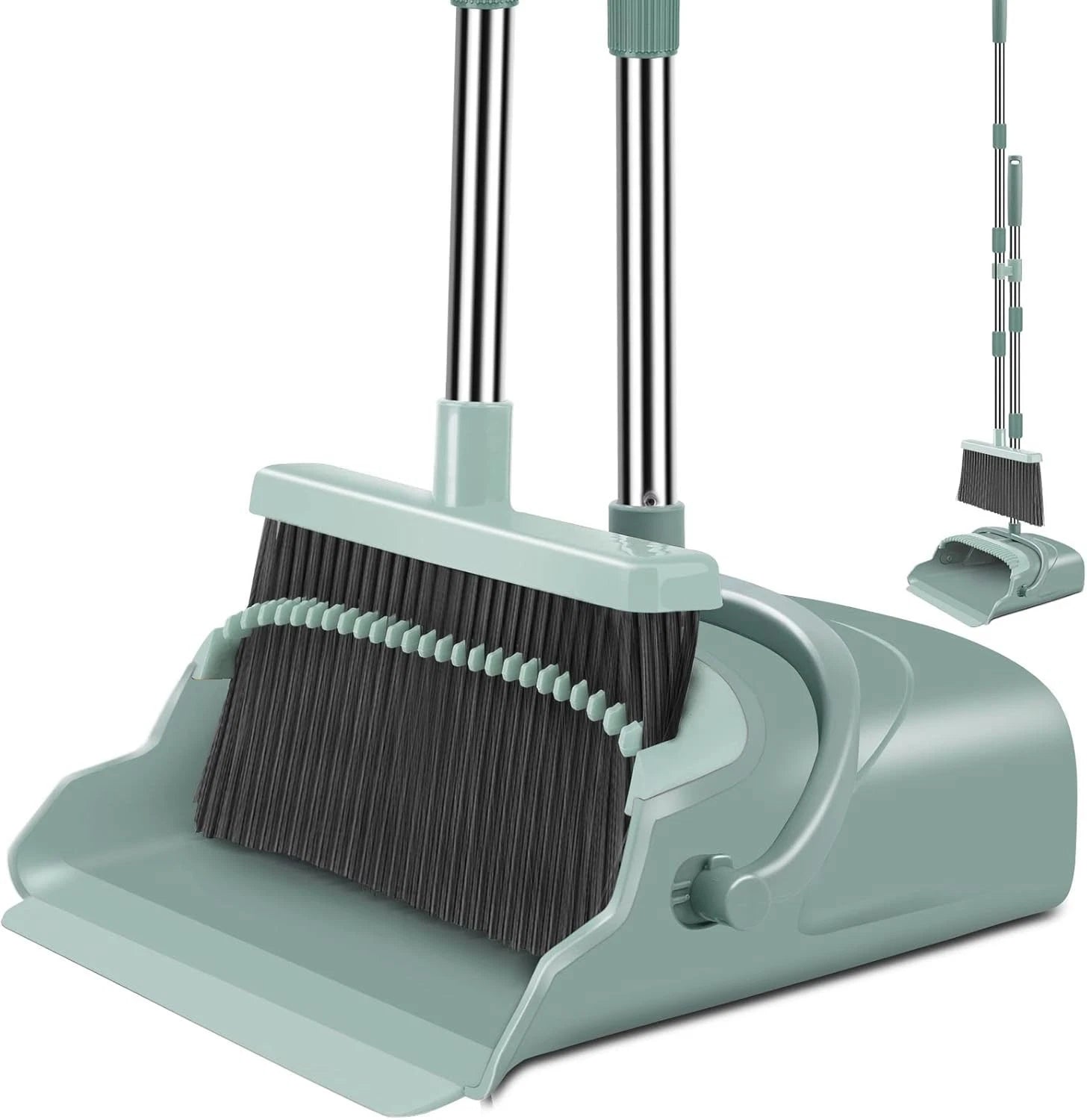 Stand-Up Broom and Dustpan Set: Adjustable, Compact & Easy Hair Cleaning - Green