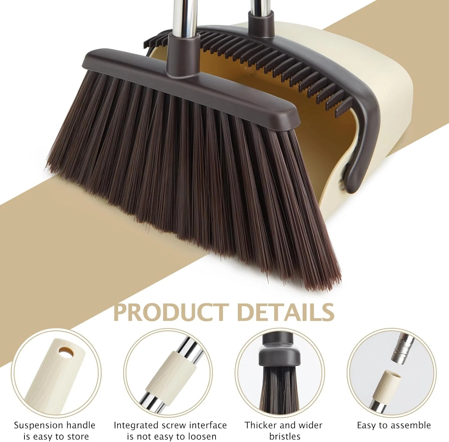 Broom and Dustpan Set Long Handle Heavy Duty Home Kitchen Office Pet Hair Beige