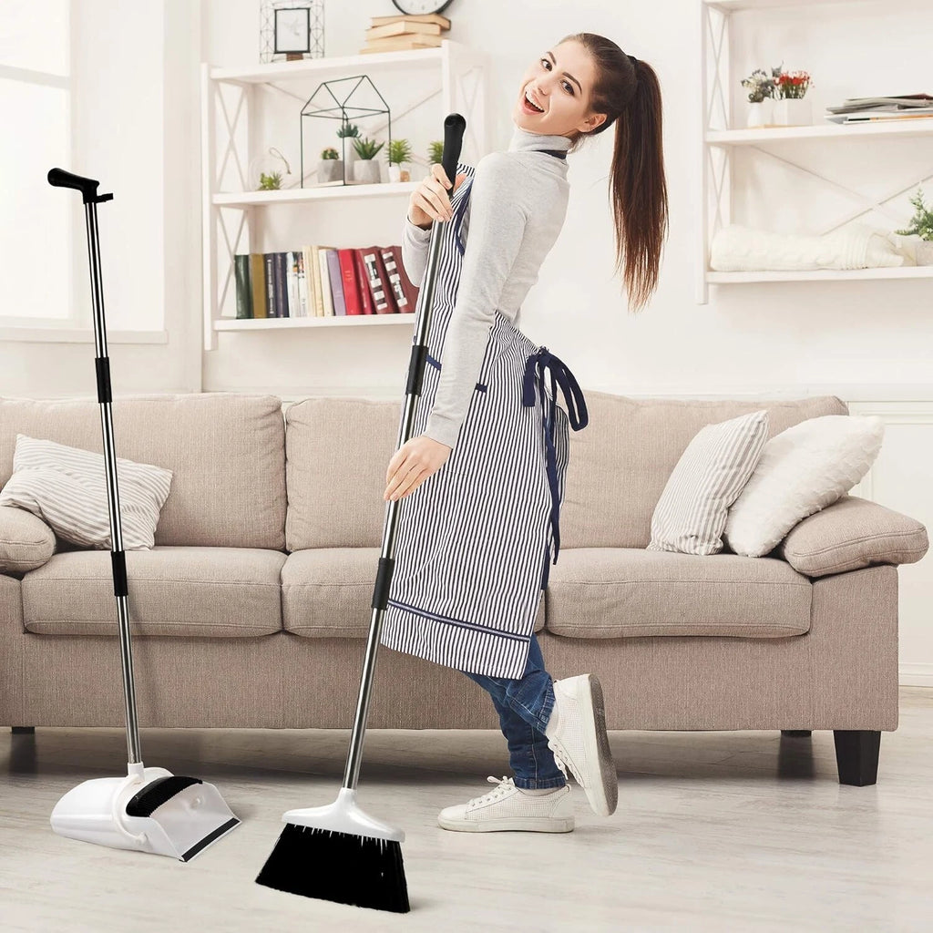 Premium Broom and Dustpan Set Standing Black White Lobby Office Home Salon Tall