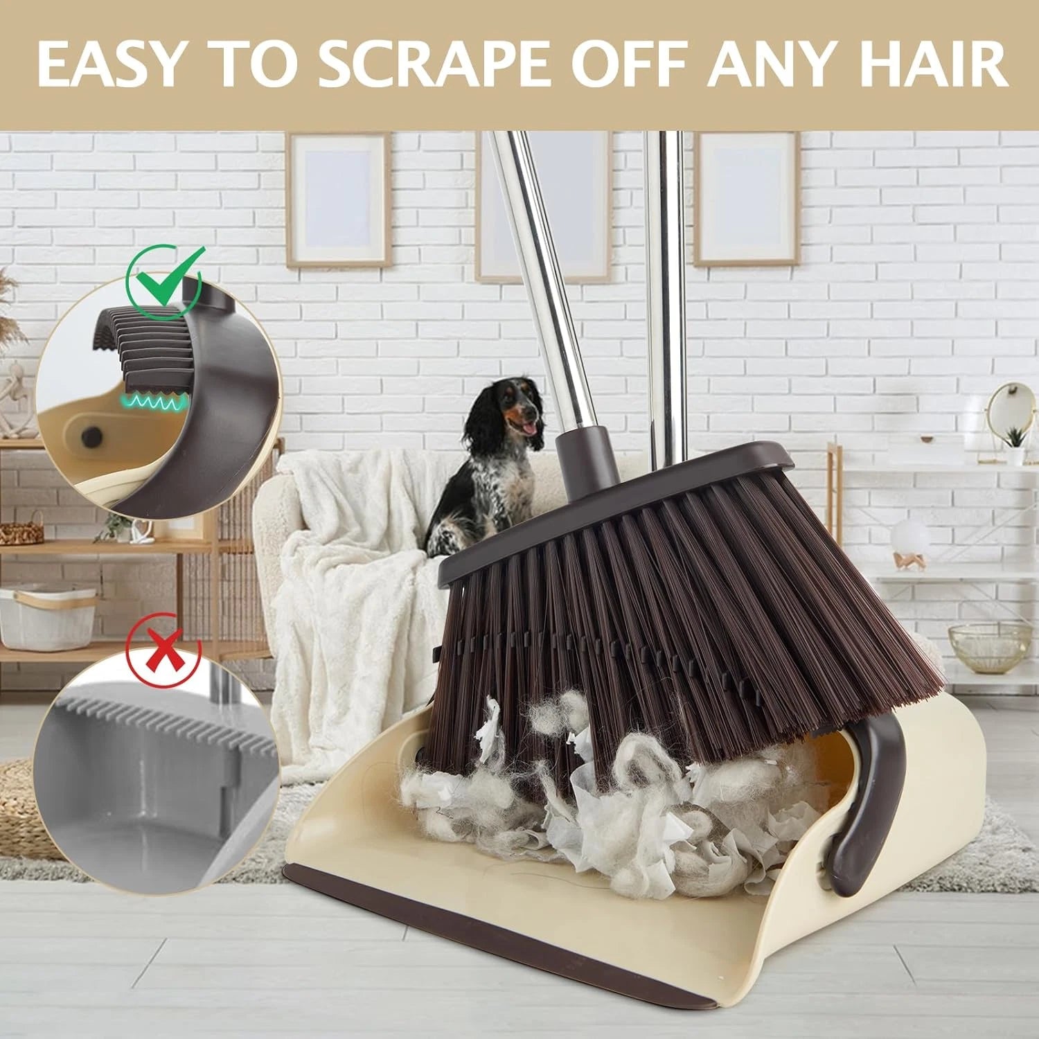 Broom and Dustpan Set Long Handle Heavy Duty Home Kitchen Office Pet Hair Beige