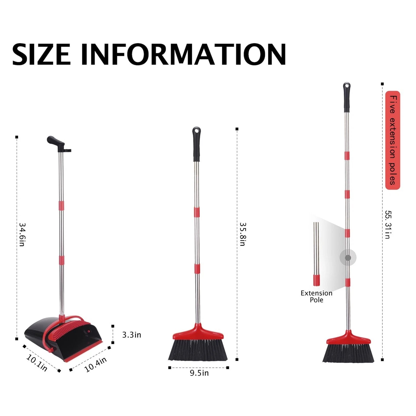 Broom and Dustpan Set with Long Handle Light Weight Stainless Steel Poles Stand