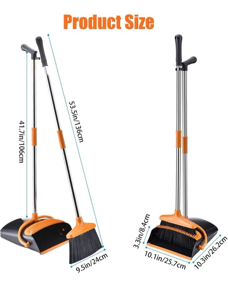 Broom and Dustpan Set, Self-Cleaning, Indoor Outdoor Use, Black/Orange