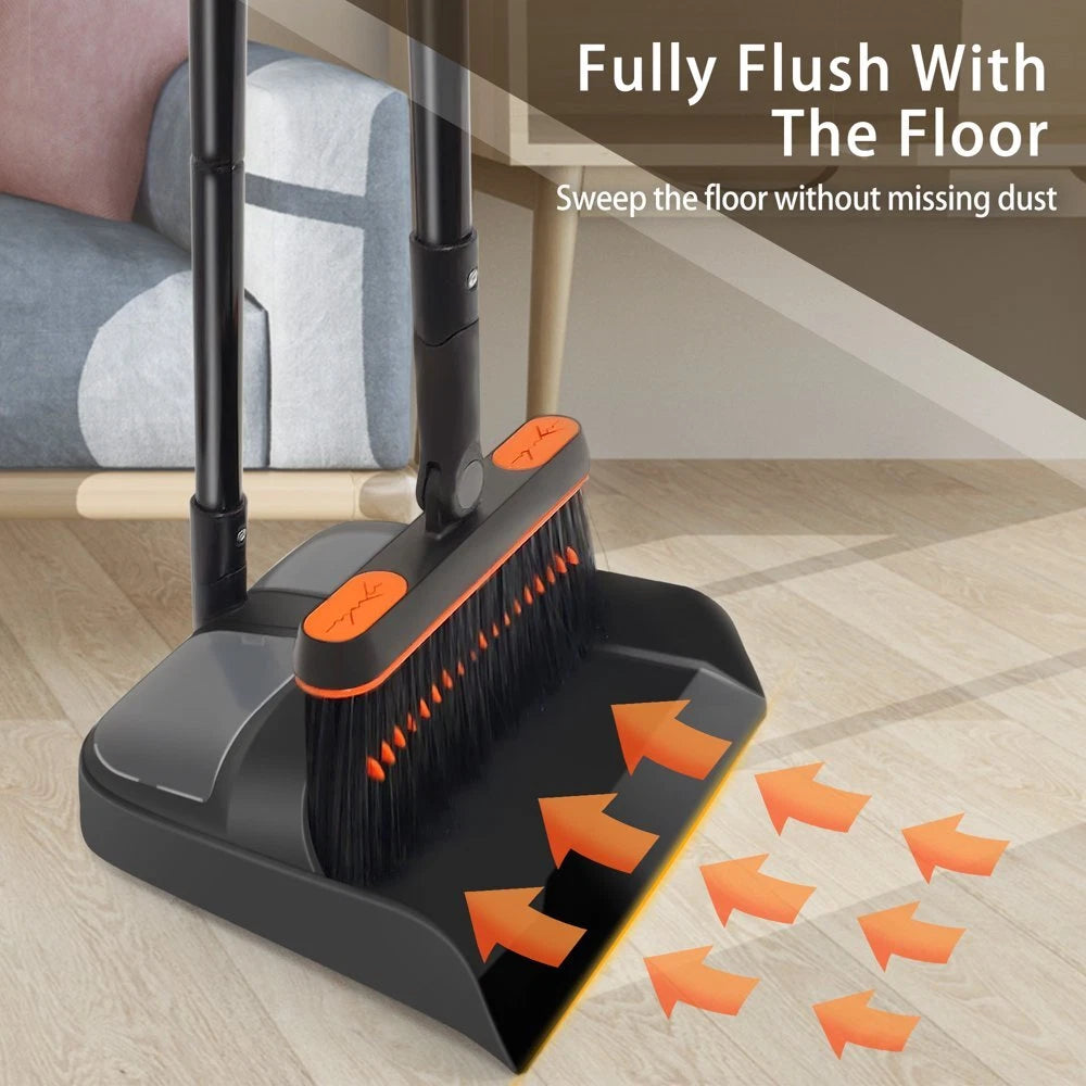 54 Inches Long Handle Broom and Dustpan Set for Home (Black Orange)