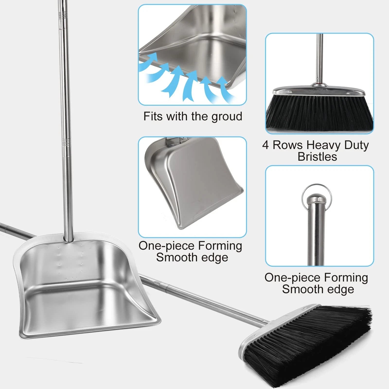 Heavy Duty Stainless Steel Broom and Dustpan Set with Long Handle