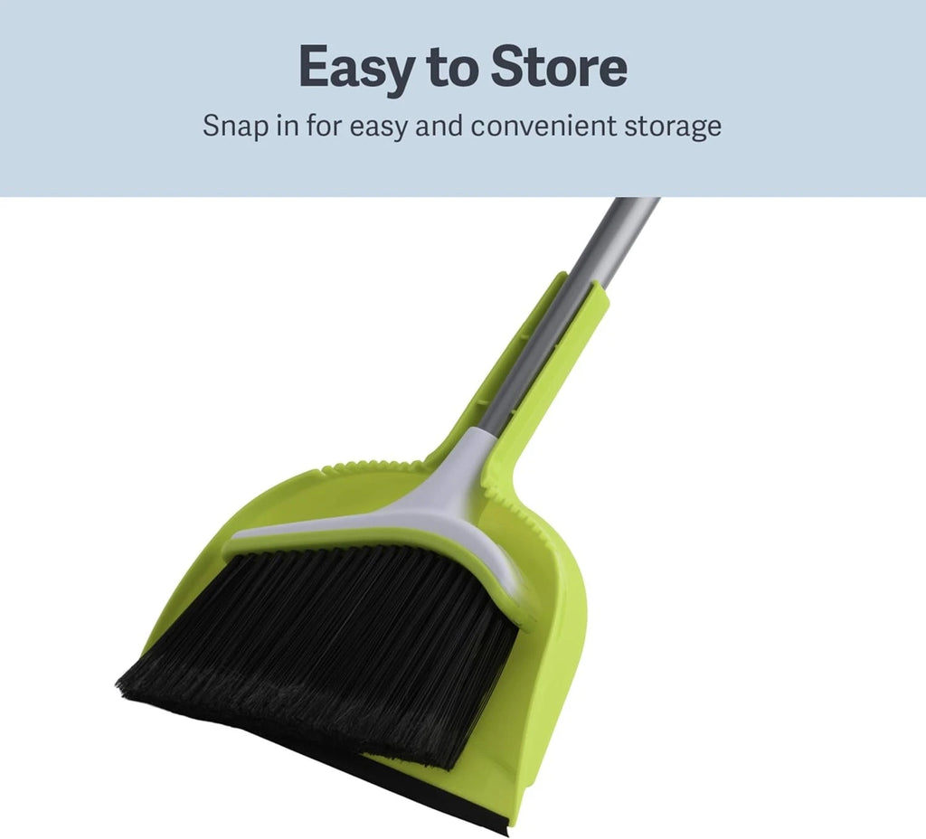 Basics 2 Piece Angled Broom Dustpan Set 44 Inch Long Handle Silver Green