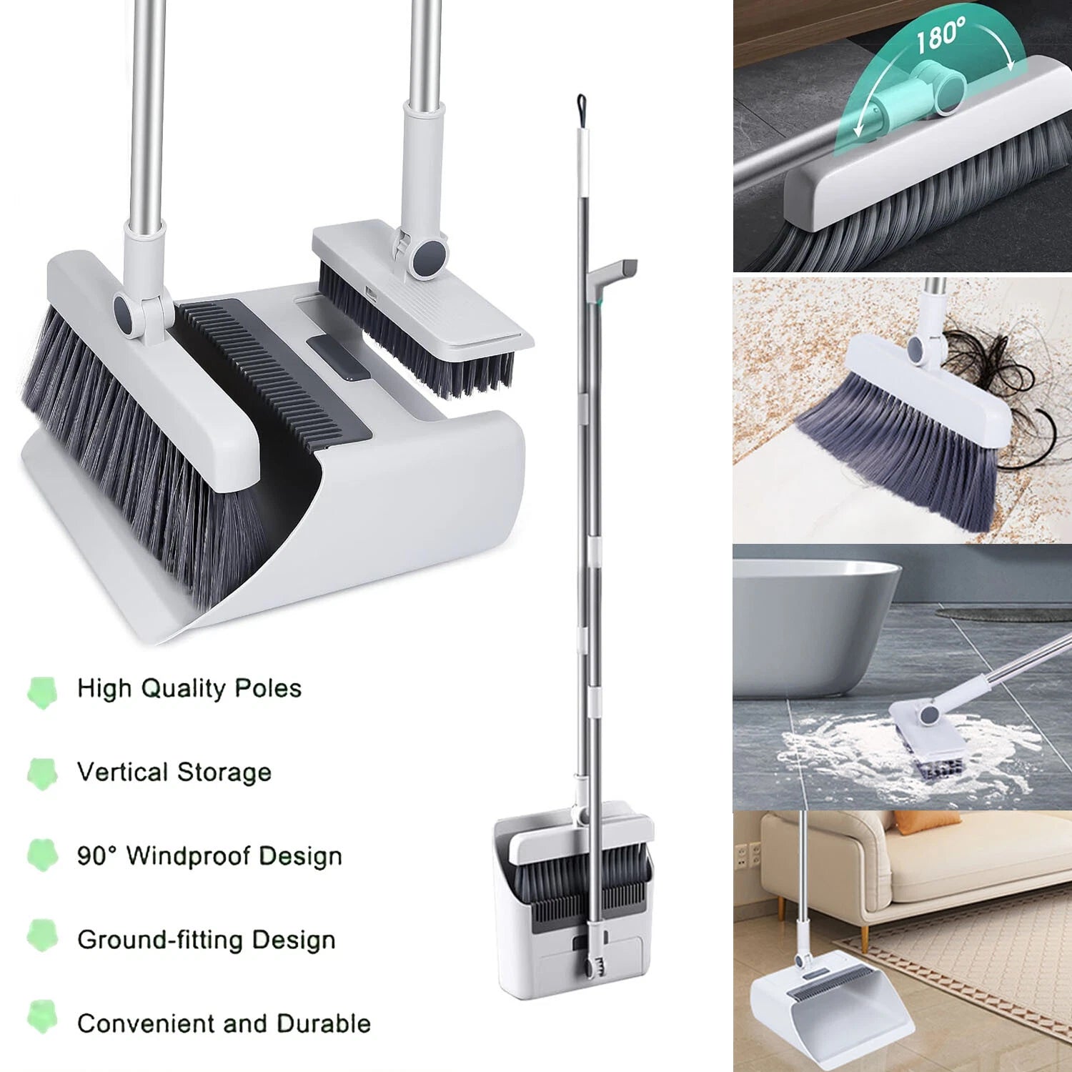 3-In-1 Broom And Dustpan Set 180 Degree Rotatable Broom Dustpan Combo New