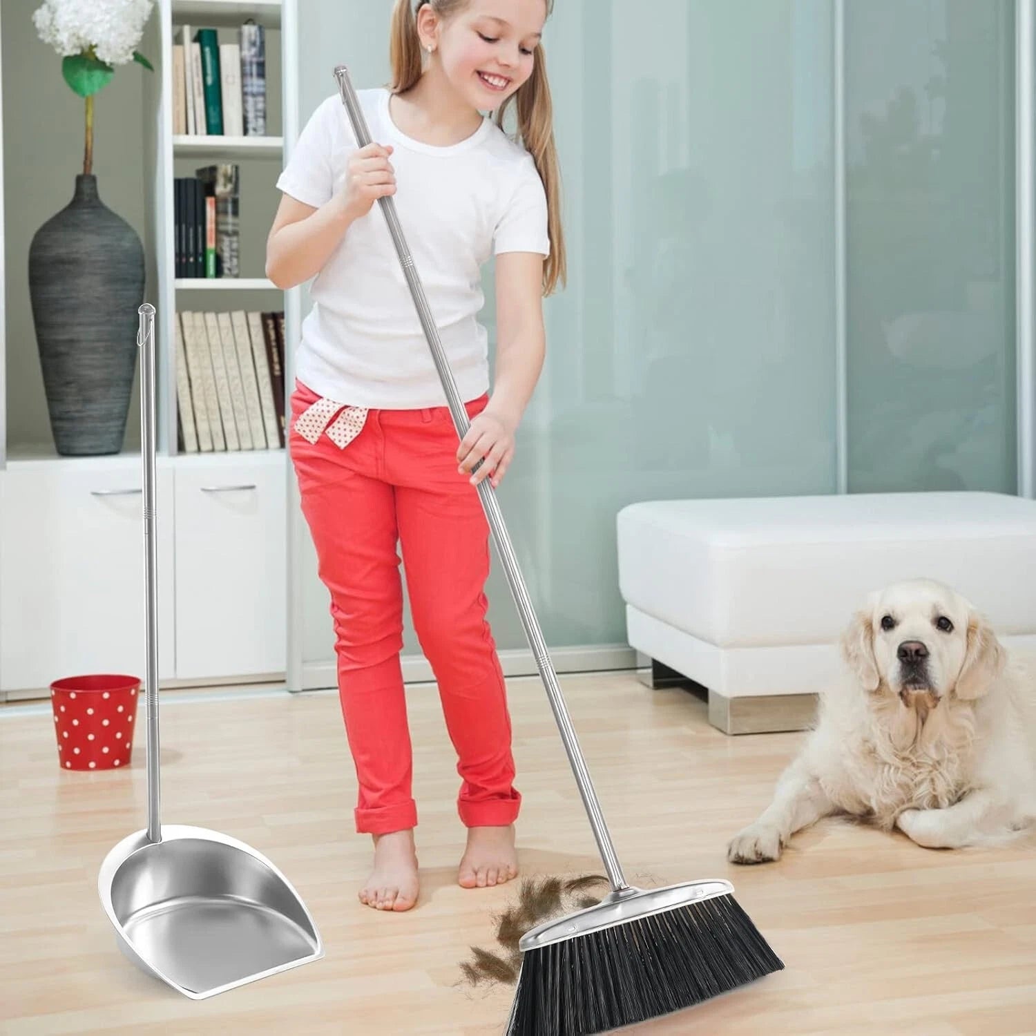 Broom And Dustpan Set For Home Upright Broom And Dust Pan With Long Handle Heavy