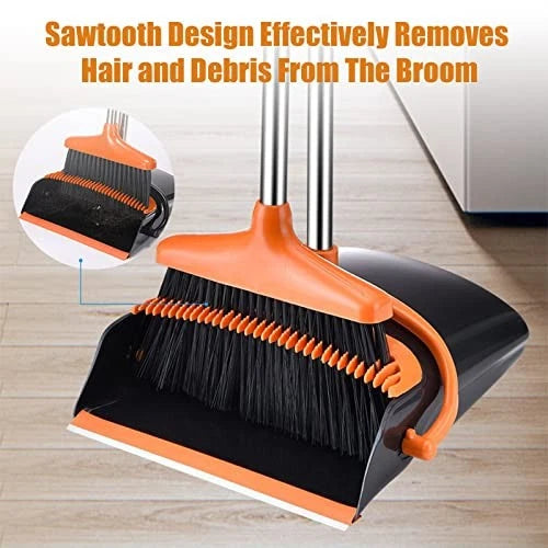 Broom and Dustpan Set with Long Handle and 6 Bonus Cleaning 45.3IN Orange&black