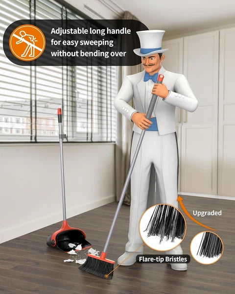 Broom and Dustpan Set with Adjustable Long Handle, Upright Combo for Floor