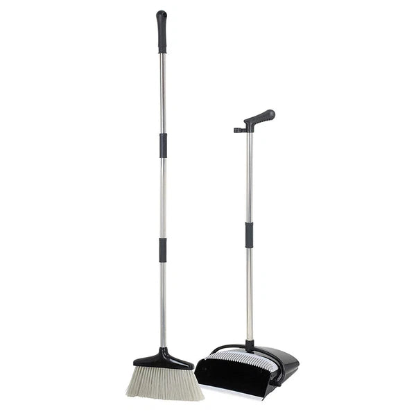 Rotatable Broom and Dust Pan Cleaning Set Dustpan Combo Upright Stand Up Black