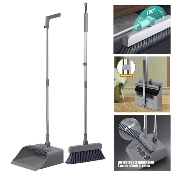 Combo 3-In-1 Broom and Dustpan Set Lightweight Upright Lobby Broom and Dust Pan