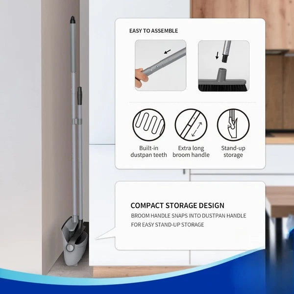 Broom and Dustpan Set with Adjustable Long Handle, Upright Combo for Floor
