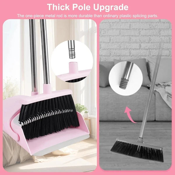 Pink Broom and Dustpan Set, 52” Long Adjustable Handle Broom with Dustpan Combo