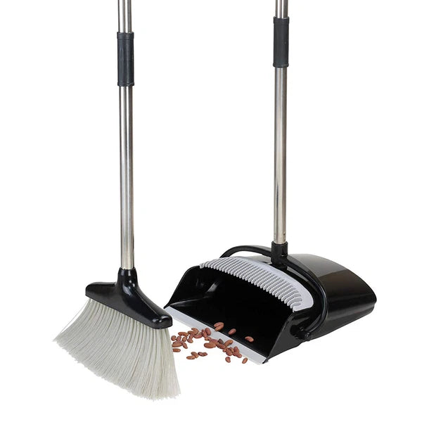 Rotatable Broom and Dust Pan Cleaning Set Dustpan Combo Upright Stand Up Black