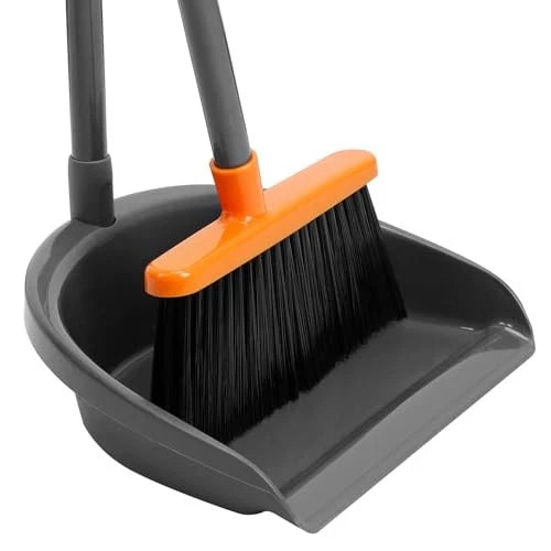 Long Handle Broom with Dustpan Combo Set for Office Home Kitchen Lobby Orange