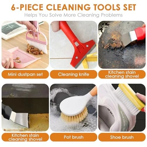 Broom and Dustpan Set with Long Handle and 6 Bonus Cleaning 45.3IN Orange&black