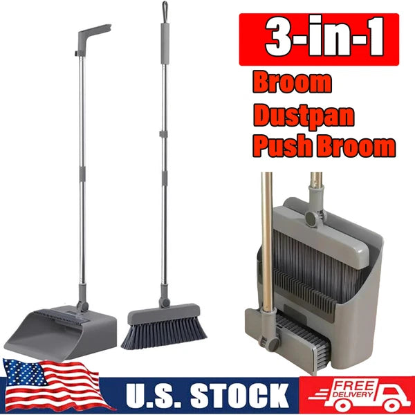 Broom & Dustpan Set 36-In Long Adjustable Handle Home Kitchen Office Hall Floor