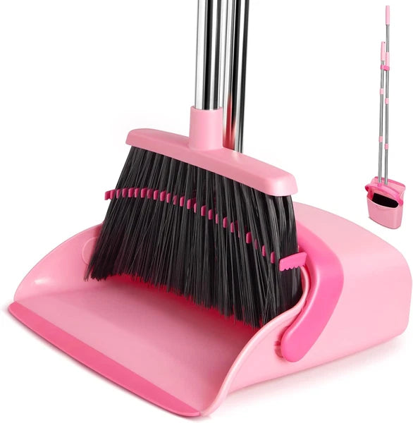 Pink Broom & Dustpan Set – Long Handle Heavy Duty Combo for Home & Office