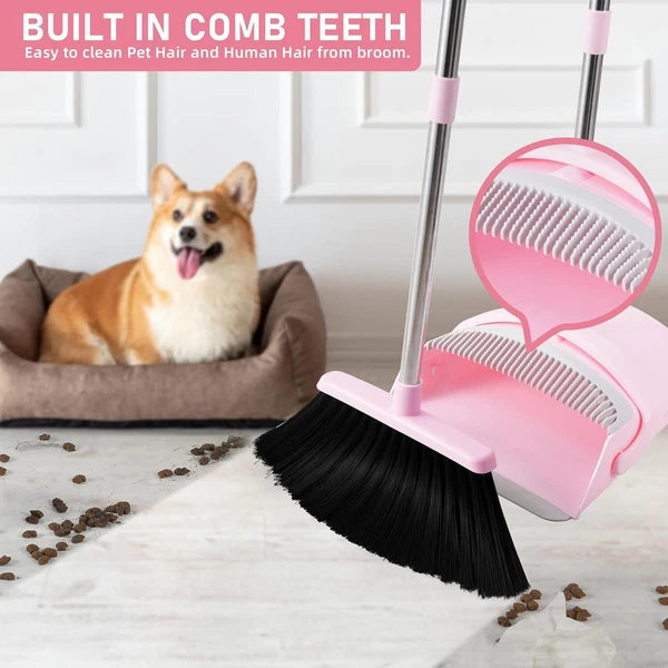 Pink Broom and Dustpan Set, Adjustable Handle Broom and Dustpan Combo Set