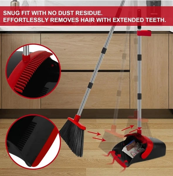 Broom and Dustpan Set, 55 Inch Long Stainless-Steel Handle, Red And Black  (Z)
