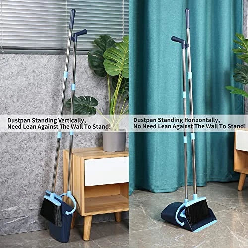Broom and Dustpan Set for Home 2025 Indoor Outdoor Broom with Dustpan Blue