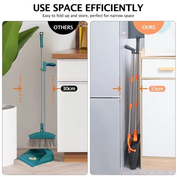 Broom and Dustpan Set with Long Handle Stainless Steel Poles Black/Orange