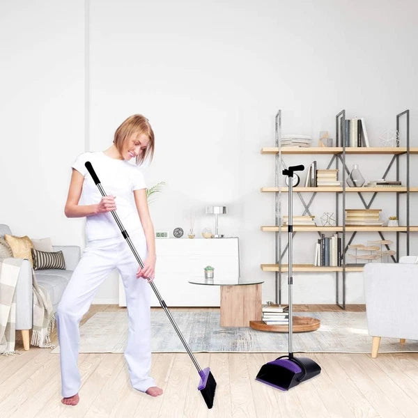 Broom and Dustpan Set, Upright Purple Broom with Dustpan Combo Set 51" Long Hand