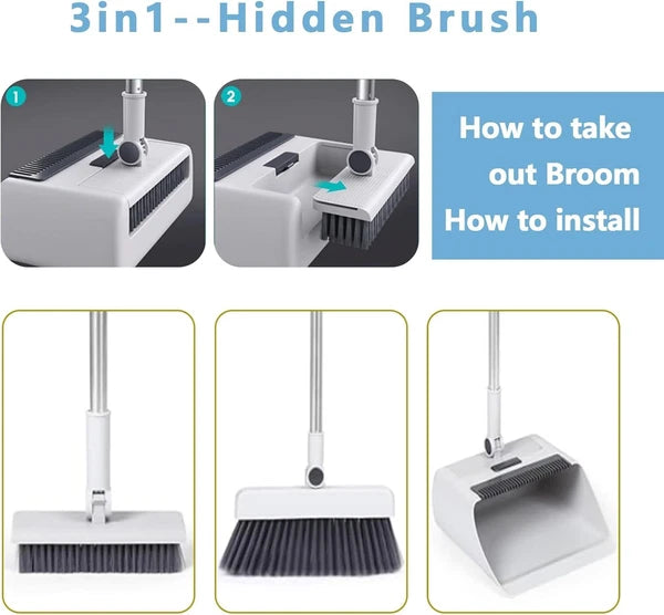 3-In-1 Broom And Dustpan Set 180 Degree Rotatable Broom Dustpan Combo NEW Gray