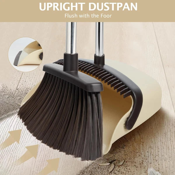 Broom and Dustpan Set Long Handle Heavy Duty Home Kitchen Office Pet Hair Beige