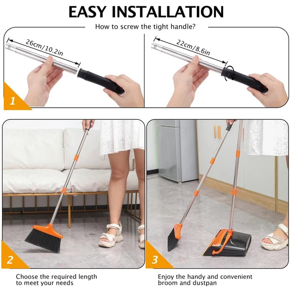 Broom and Dustpan Set with Long Handle Stainless Steel Poles Black/Orange