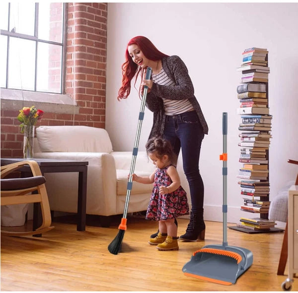 Broom and Dustpan Set, Self-Cleaning, Indoor Outdoor Use, Pets Home, Gray/Orange
