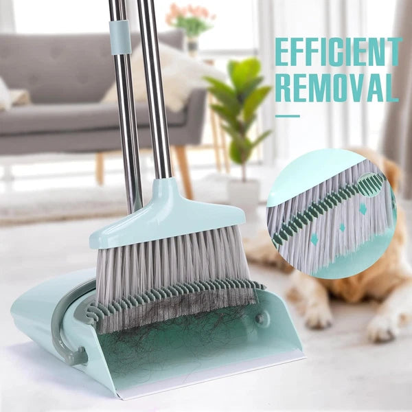 XXXFLOWER Broom and Dustpan Set with Cleaning Teeth, 55" Long Handle Indoor Swee