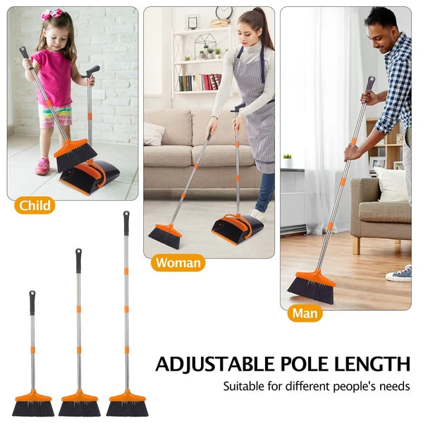 Broom and Dustpan Set with Long Handle Stainless Steel Poles Black/Orange