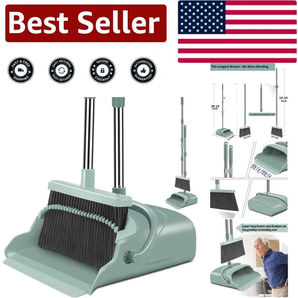 Stand-Up Broom and Dustpan Set: Adjustable, Compact & Easy Hair Cleaning - Green