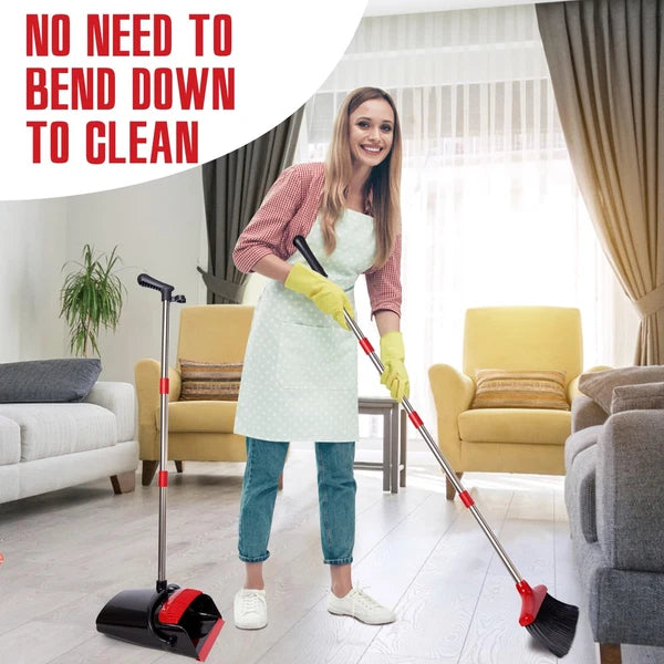 Broom and Dustpan Set with Long Handle Light Weight Stainless Steel Poles Stand