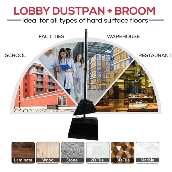38" Upright Lobby Broom and Dustpan Set for Home & Commercial Use, 1 Set