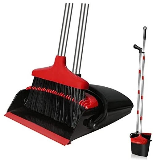 Broom and Dustpan Set for Home, Upright 55" Long Handle Brooms with Dustpan Red