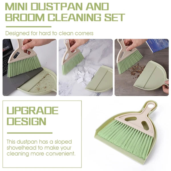 Small Broom and Dustpan Cleaning Set, Mini Whisk Dustpan and Brush (Green)