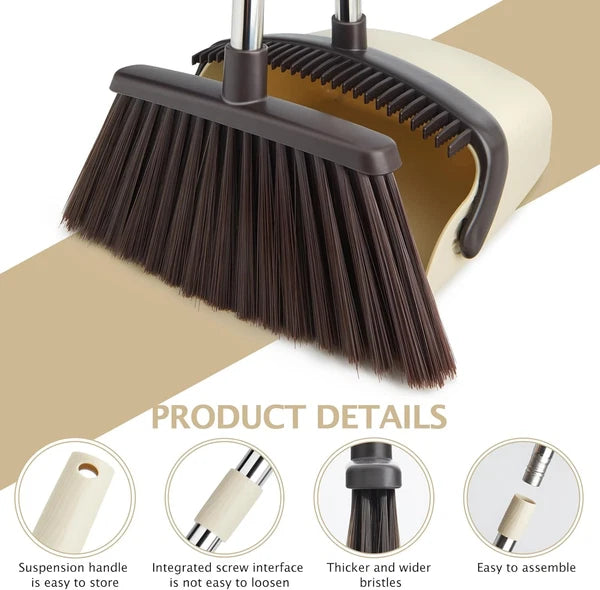 Broom and Dustpan Set Long Handle Heavy Duty Home Kitchen Office Pet Hair Beige